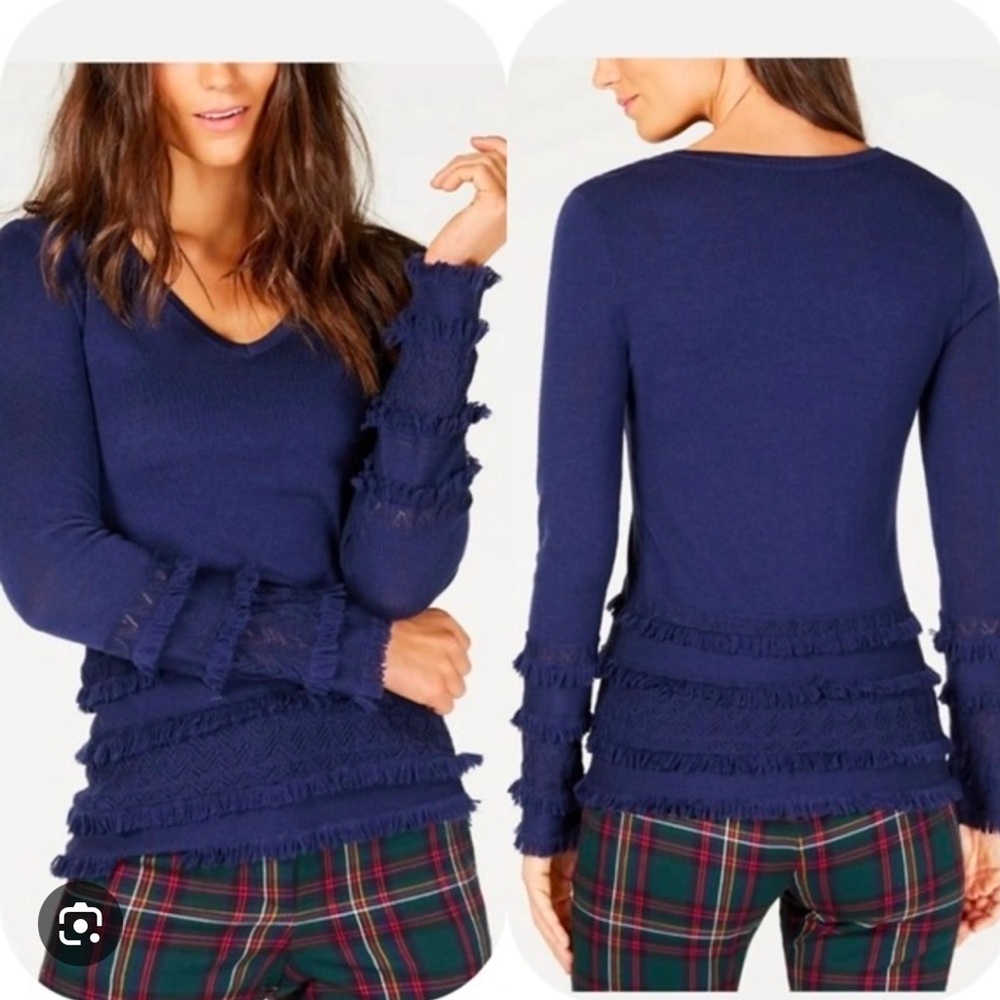 Trina Turk SASS Fringe Trim Merino Wool Round Neckline Knitted Sweater Blue M